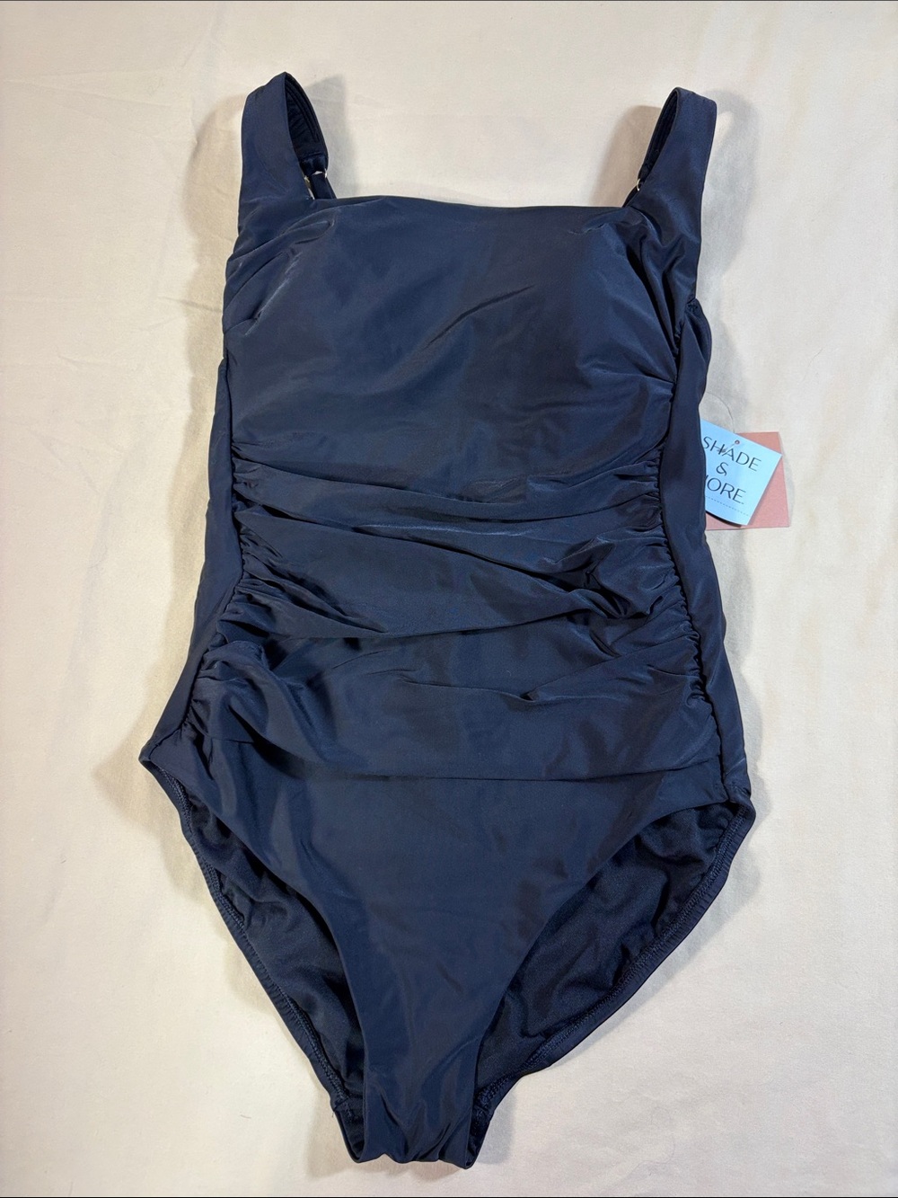 Shade & Shore Womens Black Ruched One Piece Swimsuit Tummy Control L 12-14 NEW